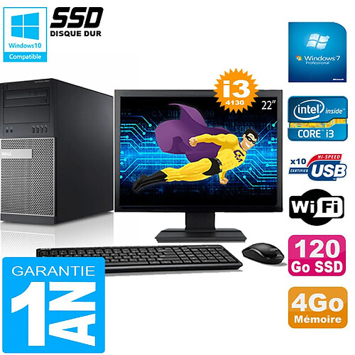 PC Tour DELL 9020 Core I3-4130 Ram 4Go Disque 120 Go SSD Wifi W7 Ecran 22" · Occasion