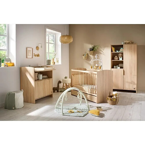 Chambre bébé trio AZUR - Lit 120x60 + Commode a langer 3 tiroirs + Armoire 2 portes chene doré - SAUTHON