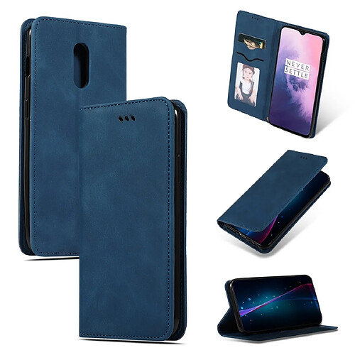 Wewoo Housse Coque Etui en cuir avec rabat horizontal magnétique Business Skin Feel pour OnePlus 7 bleu marine