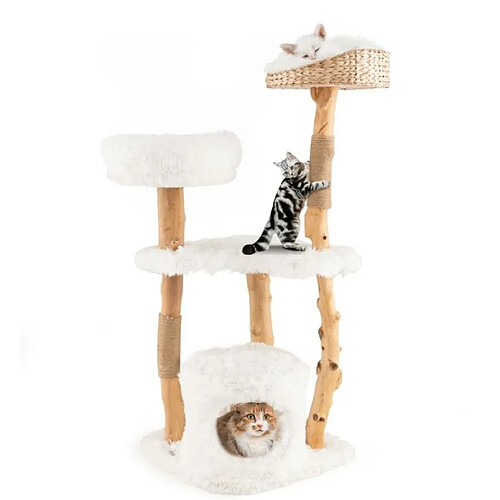 Helloshop26 Arbre à chat en bois 124 cm avec perchoir supérieur en quenouilles et condo tour à chat avec coussin moelleux confortable blanc 20_0009764