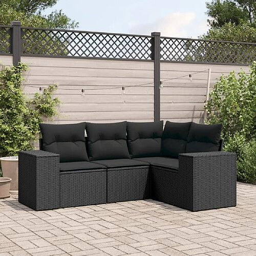 vidaXL Salon de jardin 4 pcs avec coussins noir résine tressée