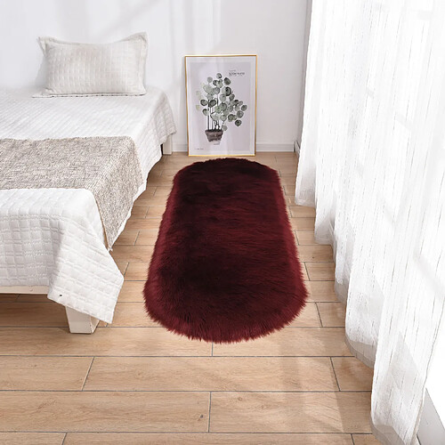 LUUCOZK Tapis moelleux en fausse fourrure, tapis à poils longs pour chambre à coucher, salon - rouge vin-60x200cm ovale