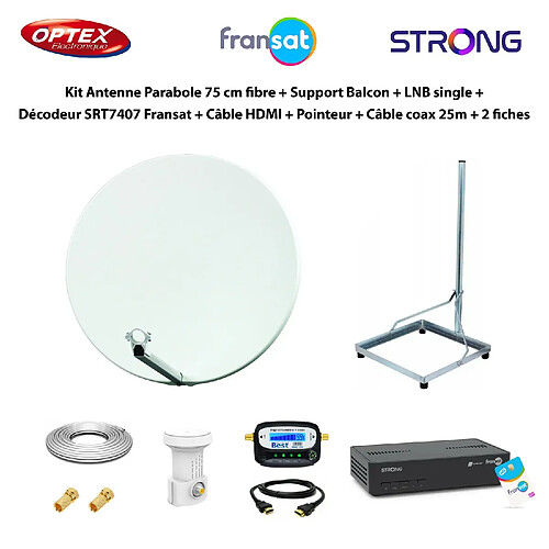 Optex Kit Parabole 75cm fibre + Support Balcon + LNB Single + Décodeur SRT7407 Fransat + Câble HDMI + Pointeur + Câble Coax 25m + 2 fiches