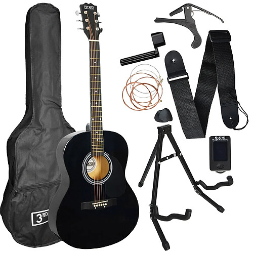 3rd Avenue Pack guitare acoustique avec sangle, Support pour guitare, un accordeur, médiators et cordes - Noir