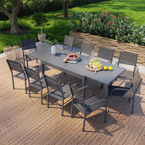 Avril Paris Table de jardin extensible en aluminium 270cm + 10 fauteuils empilables textilène anthracite - MILO 10