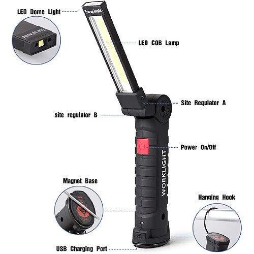 BESTA Lampe de Travail LED Lampe Torche Baladeuse LED Lampe Atelier LED Rechargeable Lampe d'Inspection Lampe de Poche Base Magnétique 5 Modes pour Lampe Garage, Camping, d'urgence Gros,2 Pièces