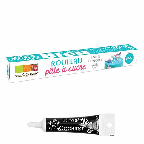 Scrapcooking Pâte à sucre en rouleau Bleu 430 g + Stylo de glaçage noir