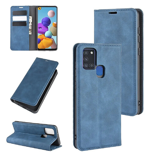 Etui en PU flip auto-absorbant au toucher soyeux avec support bleu pour votre Samsung Galaxy A21s