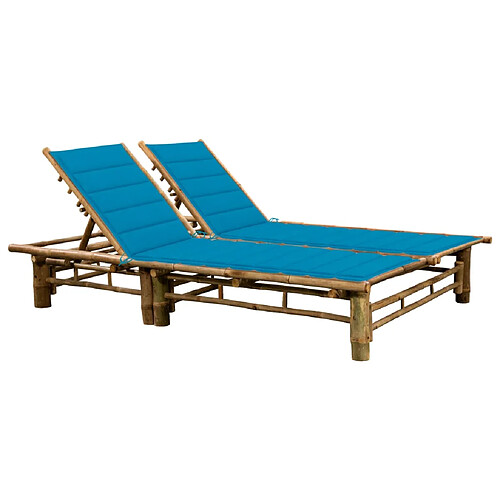 Helloshop26 Transat chaise longue bain de soleil lit de jardin terrasse meuble d'extérieur pour 2 personnes avec coussins bambou 02_0012902