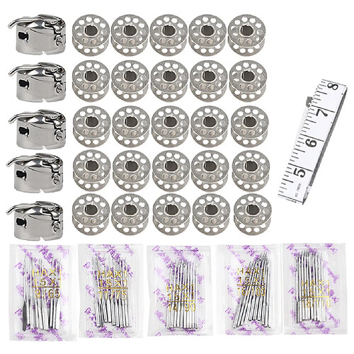 Kit de couture: 50 pièces aiguilles de Machine à coudre + 5 pièces étui à canette + 25 pièces bobines de fil + 1 pièce ruban à mesurer