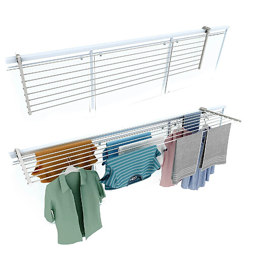 Foxydry Duo 202, Etendoir à linge pliant pour balustrades, extérieurs et balcons, Largeur 202 cm Blanc