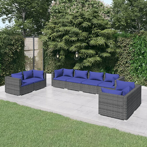 vidaXL Salon de jardin 8 pcs avec coussins Résine tressée Gris