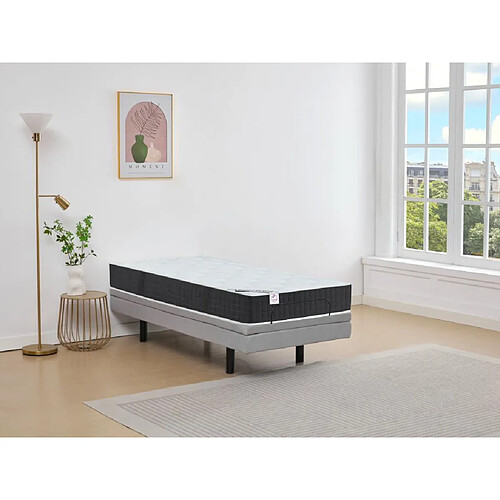 Vente-Unique Lit électrique de relaxation déco + matelas ressorts ensachés et mémoire de forme - 80 x 200 cm - Tissu - Gris - RIZALI de DREAMEA