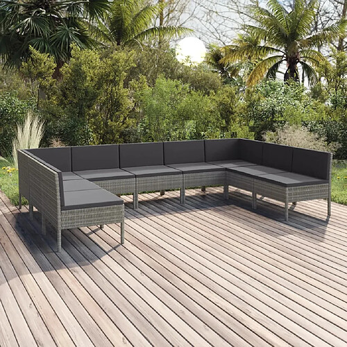 vidaXL Salon de jardin 9 pcs avec coussins Résine tressée Gris