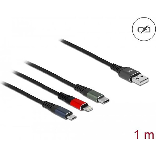 Delock - Lightning-Kabel, nur zum Aufladen - USB männlich bis Micro-USB Typ B, Lightning, USB-C männlich - 1,0m - Schwarz (87277)