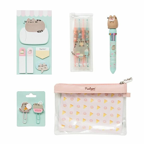 Grupo Erik - Set de Papeterie Pusheen Foodie Collection - Inclut : 1 Stylo 10 Couleurs, 5 Blocs de Notes Adhésives, 4 Surligneurs, 2 Trombones, Trousse - Fournitures Scolaires Kawaii, Papeterie Kawaii