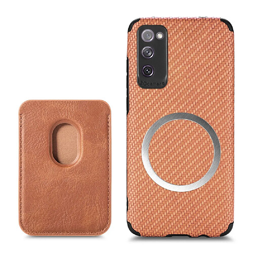 Coque en TPU + PU texture en fibre de carbone avec porte-carte marron pour votre Samsung Galaxy S20 FE 5G/4G/Galaxy S20 Lite