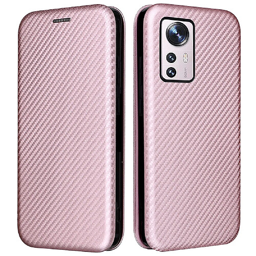 Coque en TPU + PU texture en fibre de carbone avec support or rose pour votre Xiaomi 12 Pro