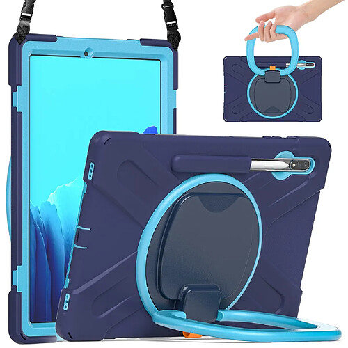 Coque en TPU + Silicone avec béquille pivotante à 360° et bandoulière Bleu foncé/Bleu ciel pour votre Samsung Galaxy Tab S7 Plus T970/T975