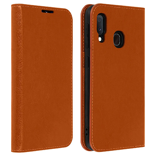 Avizar Étui Galaxy A20e Folio Cuir Véritable Porte cartes Support Vidéo camel