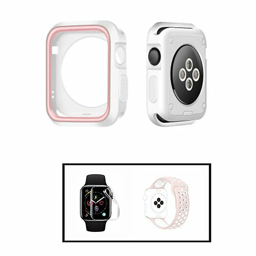 PHONECARE Kit Coque Military DoubleColor + Bracelet Bicolore SportStyle + Film de Hydrogel pour Apple Watch Series SE - 44mm - Blanc / rose / rose / Blanc