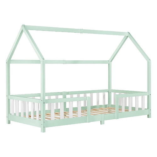 Lit d'Enfant Design Forme Maison Sisimiut Pin 200 x 90 cm Menthe Blanc Mat Laqué [en.casa]