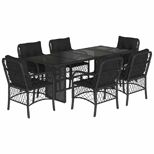 Maison Chic Ensemble à manger d'extérieur 7 pcs avec coussins,Salon de jardin,Mobilier de jardin Noir Résine tressée -GKD593072