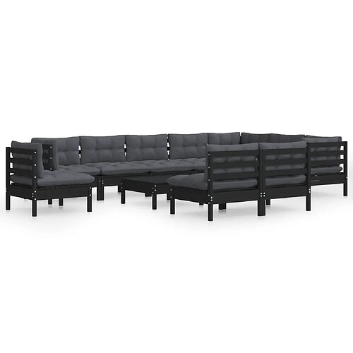 Maison Chic Salon de jardin 11pcs + coussins - Mobilier/Meubles de jardin - Table et chaises d'extérieur Noir Bois de pin solide -MN60825