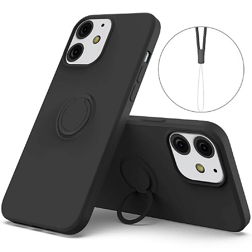 Coque en silicone avec béquille à anneau réglable et sangle noir pour votre Apple iPhone 13 6.1 pouces