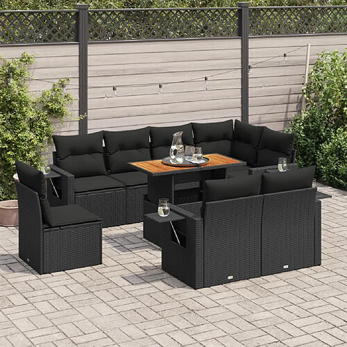 vidaXL Salon de jardin 9 pcs avec coussins noir résine tressée