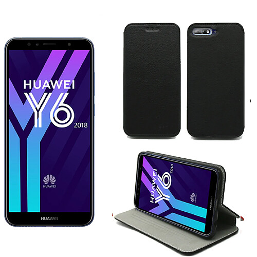 Huawei Y6 2018 4G : Etui noir Slim Style Cuir avec stand - Housse noire coque anti choc de protection smartphone 2018 - Accessoires pochette case XEPTIO