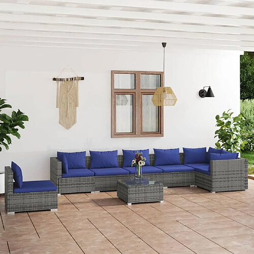 vidaXL Salon de jardin 8 pcs avec coussins résine tressée gris