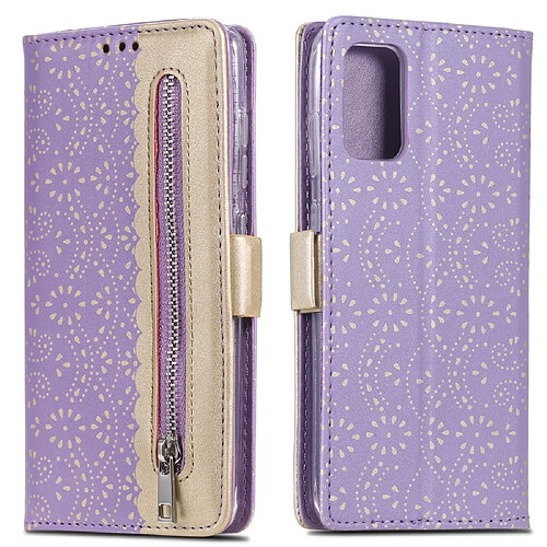 Etui en PU poche zippée en dentelle motif fleur violet pour votre Samsung Galaxy S20 Plus