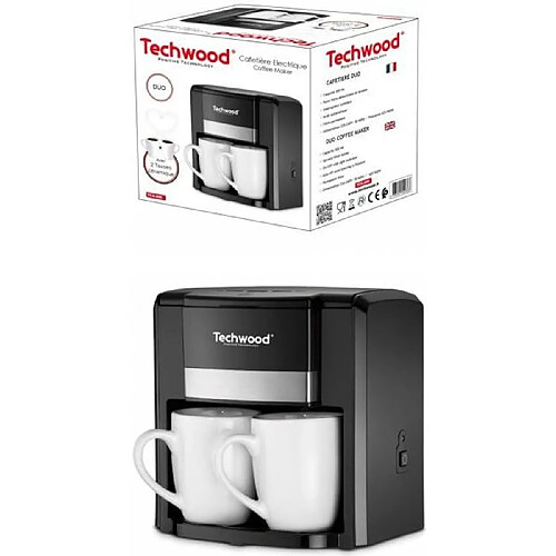 Techwood Cafetière électrique 2 Tasses Duo Céramique Filtre permanent lavable 500W noir Arrêt automatique