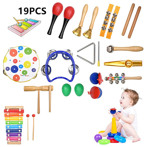 19 PCS Jouets musicaux pour enfants Instruments à percussion en bois garçon et une fille Jouets