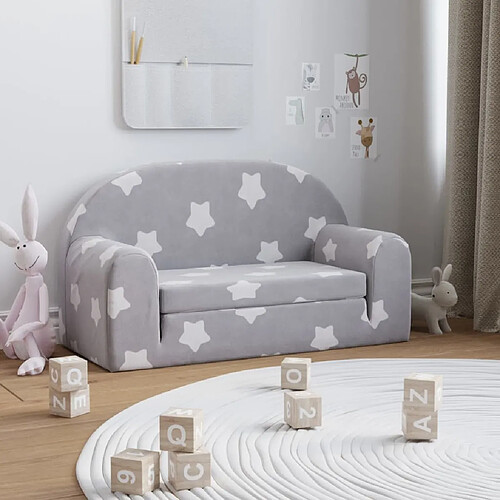 vidaXL Canapé-lit enfant 2 places gris clair étoiles peluche douce