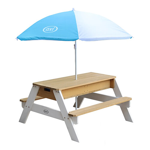 AXI Nick Table Sable et Eau / Table Pique Nique avec Parasol, Bois BLANC & Marron | Table Jeux d'eau avec Couvercle, Boîtes de Rangement & Parasol | Table d eau Extérieur pour le jardin - 95x97x48cm