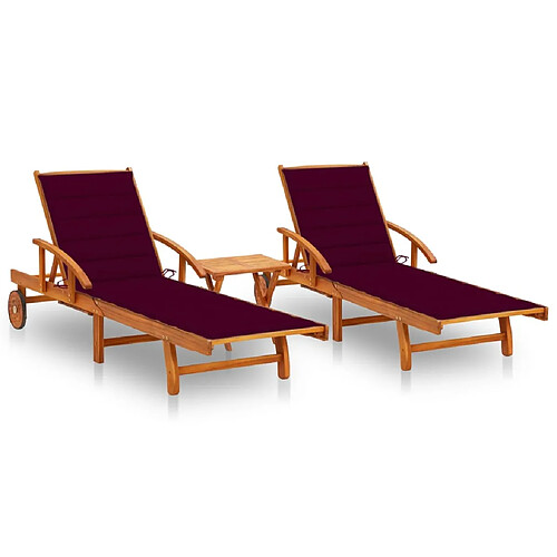 Helloshop26 Lot de 2 transats chaise longue bain de soleil lit de jardin terrasse meuble d'extérieur avec table et coussins acacia solide 02_0012098