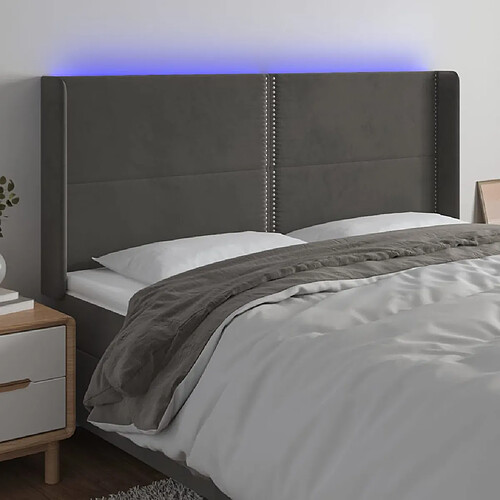 vidaXL Tête de lit à LED Gris foncé 163x16x118/128 cm Velours