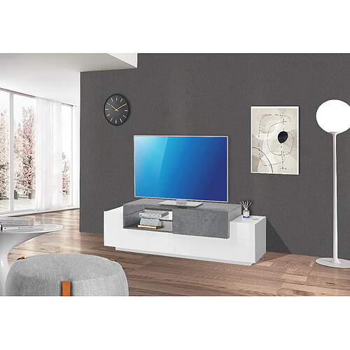 Alter Meuble TV de salon, Made in Italy, Meuble TV avec 3 portes, 160x45h51 cm, couleur Blanc Brillant et Gris Ciment