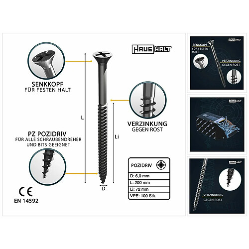 Haus Publishing HausHalt Vis à bois universelle 6,0 x 200 mm PZ3 - 100 pièces (000051371223)
