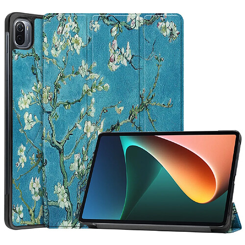 Etui en PU trois volets avec support et fonction veille/réveil automatique fleur de prunier pour votre Xiaomi Pad 5