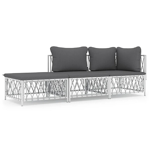 Maison Chic Salon de jardin 3 pcs avec coussins - Table et chaises d'extérieur - Mobilier/Meubles de jardin Moderne blanc acier -MN55873