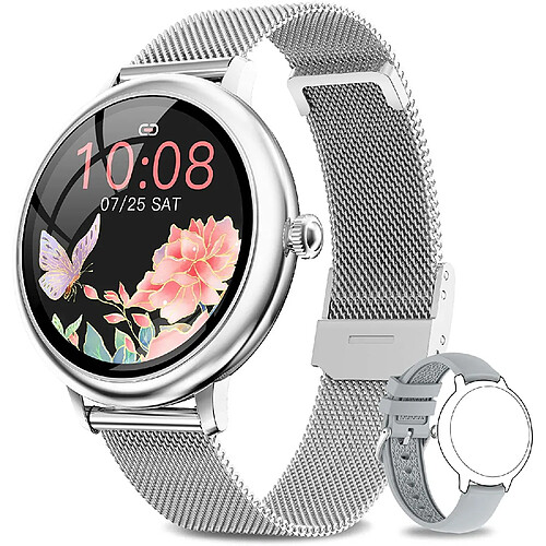 Chrono Montre Connectée Femmes avec Fonction Féminine, Smartwatch Sport Etanche Argent, Moniteur de Oxygène Sanguin et Fréquence Cardiaque, Podomètre Calorie, Montre de Fitness pour Android iphone(Argent)