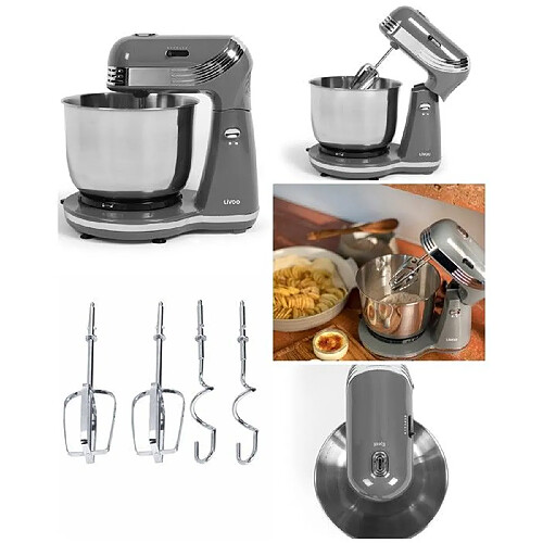 Livoo Robot Pâtissier Pétrin Gris 3L 250W Bol inox 3L 6 vitesses pour préparer vos pâtes à tartes, crêpes, pizza, pain crème