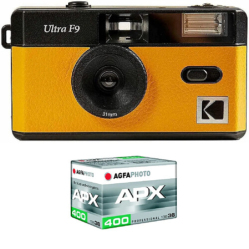 KODAK Pack F9 Argentique + Pellicule 400 ASA - Appareil Photo Kodak Rechargeable 35mm Jaune, Objectif Grand Angle Fixe, Viseur optique , Flash Intégré + Pellicule APX 00, 36 poses - Jaune