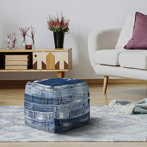 WOMO-DESIGN Ottoman tabouret pouf siège cube jeans coton bleu Pittsburgh 45 cm