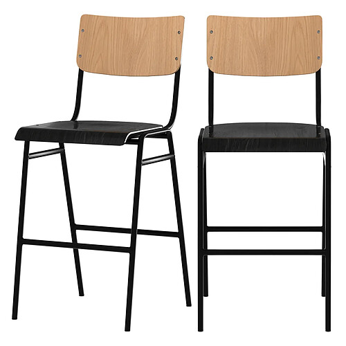 Rendez Vous Deco Chaise de bar mi-hauteur Clem en bois clair et noir 66 cm (lot de 2)