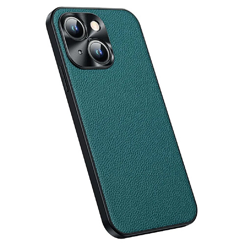 Coque en TPU + cuir véritable anti-chute, texture litchi pour votre iPhone 14 - cyan