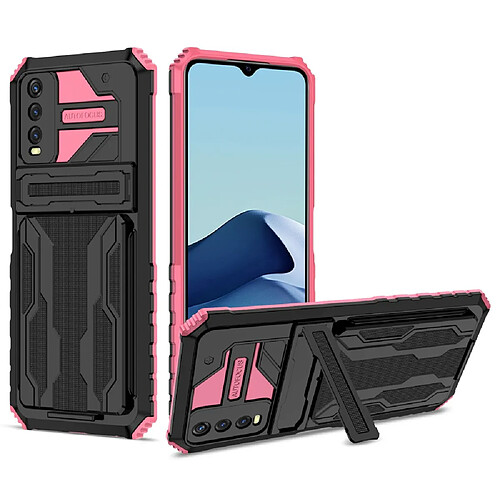 Coque en TPU anti-chocs avec béquille et porte-carte, rose pour votre Vivo Y20/Y20i/Y12a/Y20s/Y12s